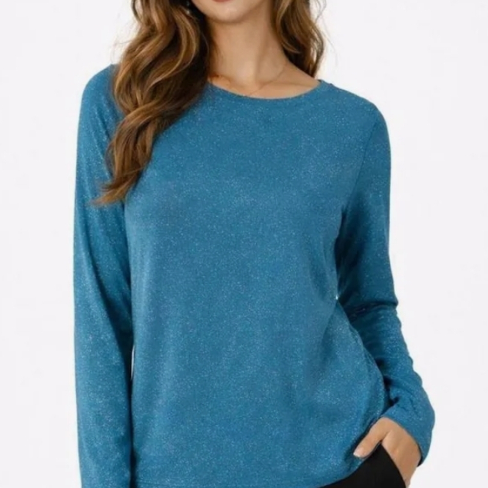 Colleen Lopez Women's Long Sleeve Shimmer Jersey Top Teal/Turquoise Size XS New